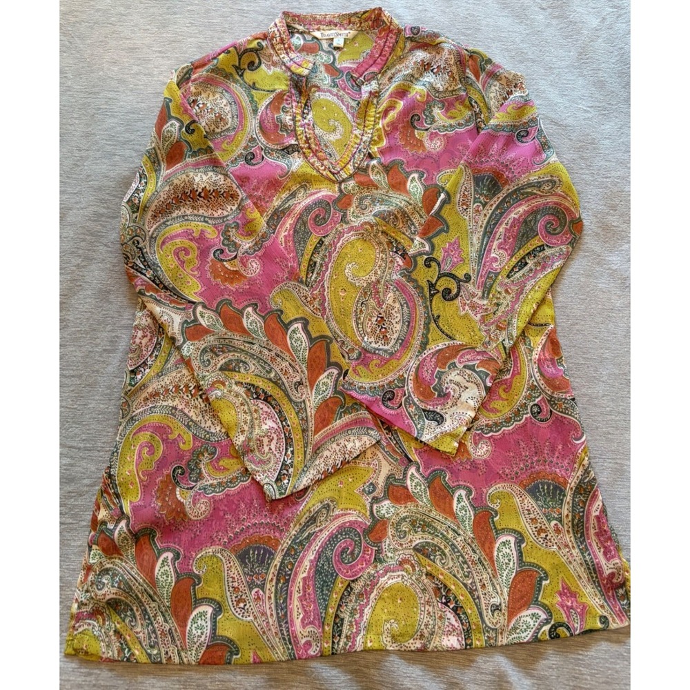 TravelSmith Womens Pink Olive Paisley Print Tunic Top Size S Long Sleeve #21552
